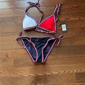 Colorblock Tie-Side Triangle Bikini - Red, White & Navy Size S